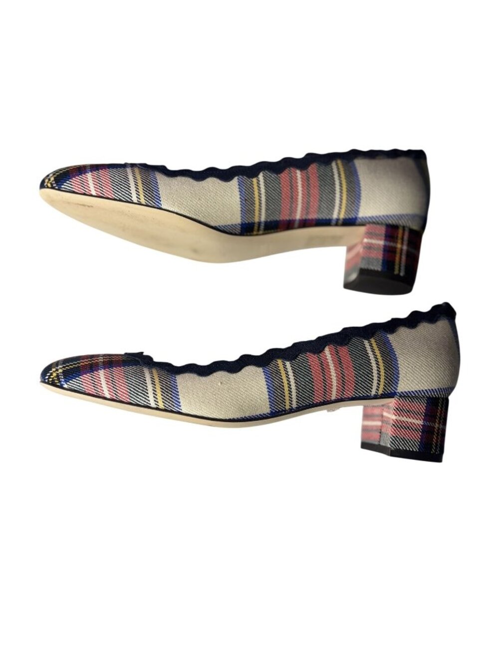 Plaid Scalloped Ballet Flats With Block Heel By J.Crew Size 8.5 Red/Navy Multi - Picture 6 of 10